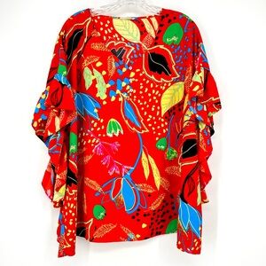 Easel Red Floral Ruffle Sleeve Blouse Colorful Size Large Lightweight Flowy